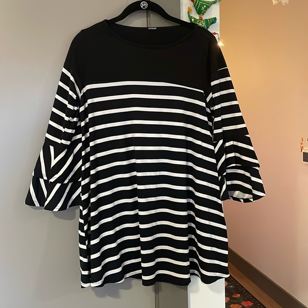 Black and White Stripe Tunic With Ruffle Bell Sleeves